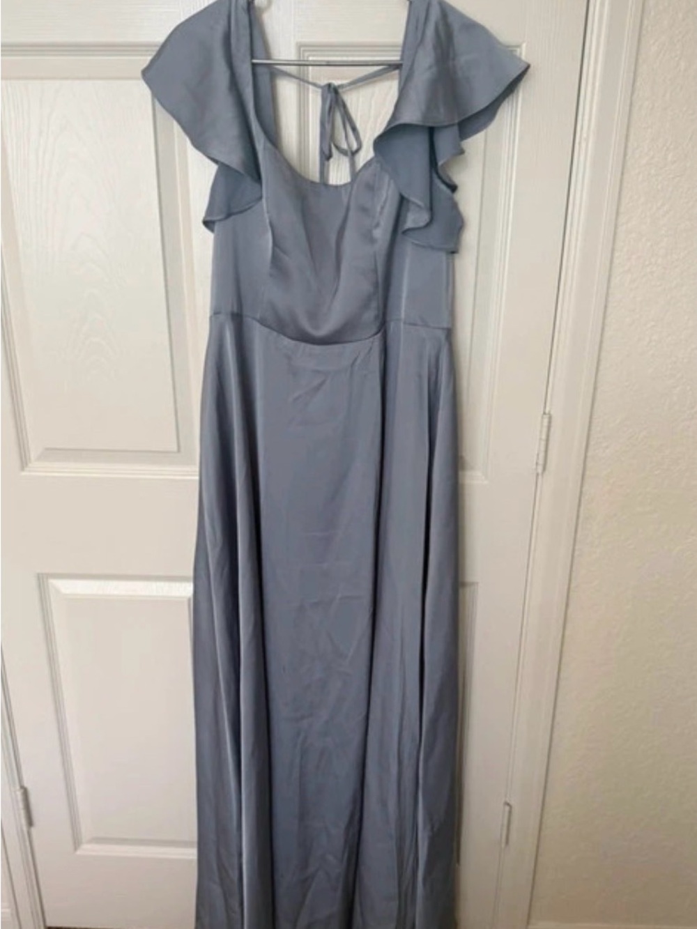 Azazie Slate Blue Ruffle-Shoulder Bridesmaids Gown